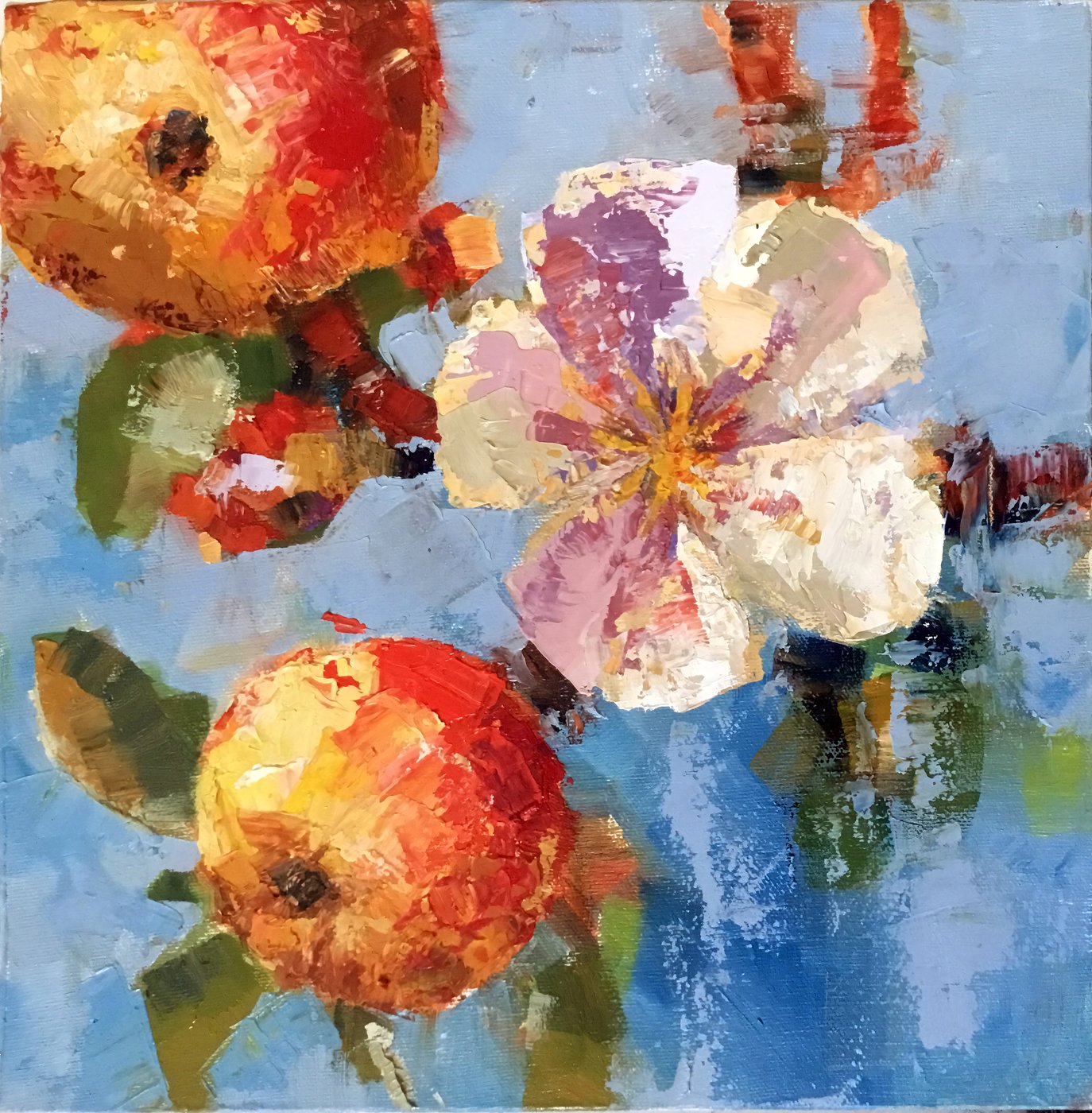 Apple Blossom Reverie — oil on canvas, 12 × 12 inches, blossoms and fruit still life