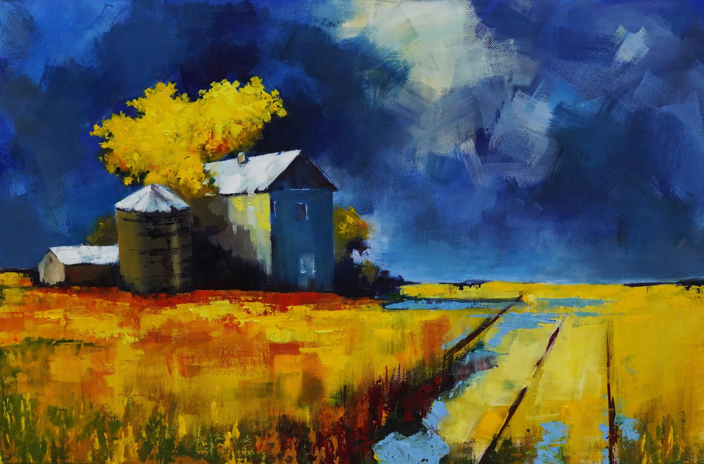 Barn — oil on canvas, 16 × 24 inches, Ontario farm under a dramatic sky