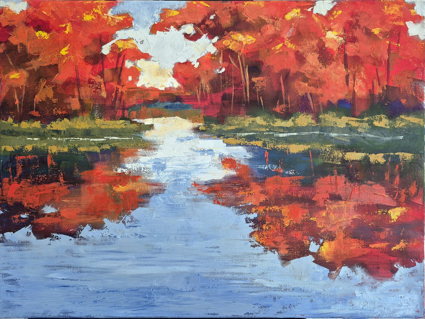 The Lake in Fall — oil on canvas, 18 × 24 inches, autumn forest reflected in still water