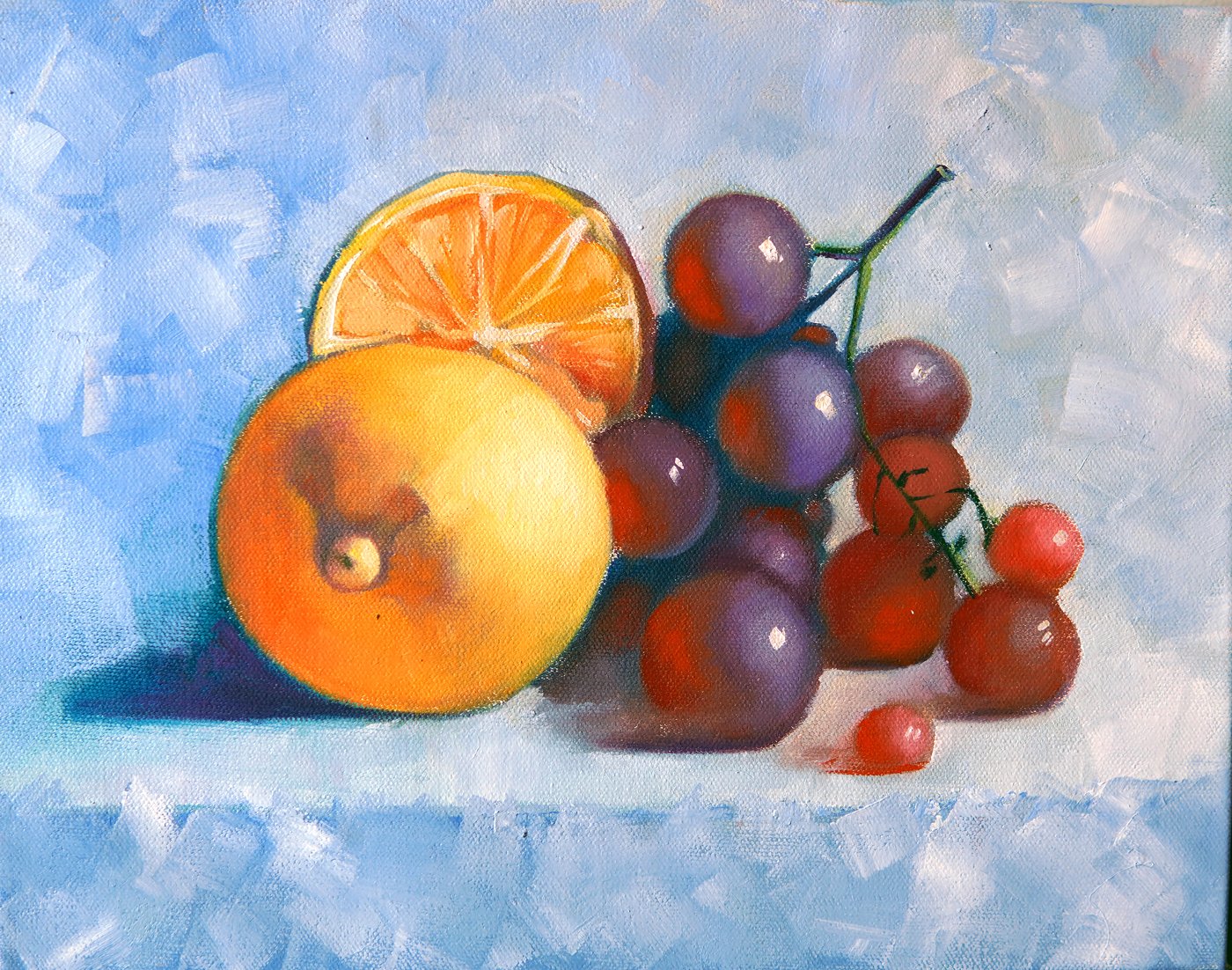 Oranges and Grapes — oil on canvas, 11 × 14 inches, fruit still life on a light ground