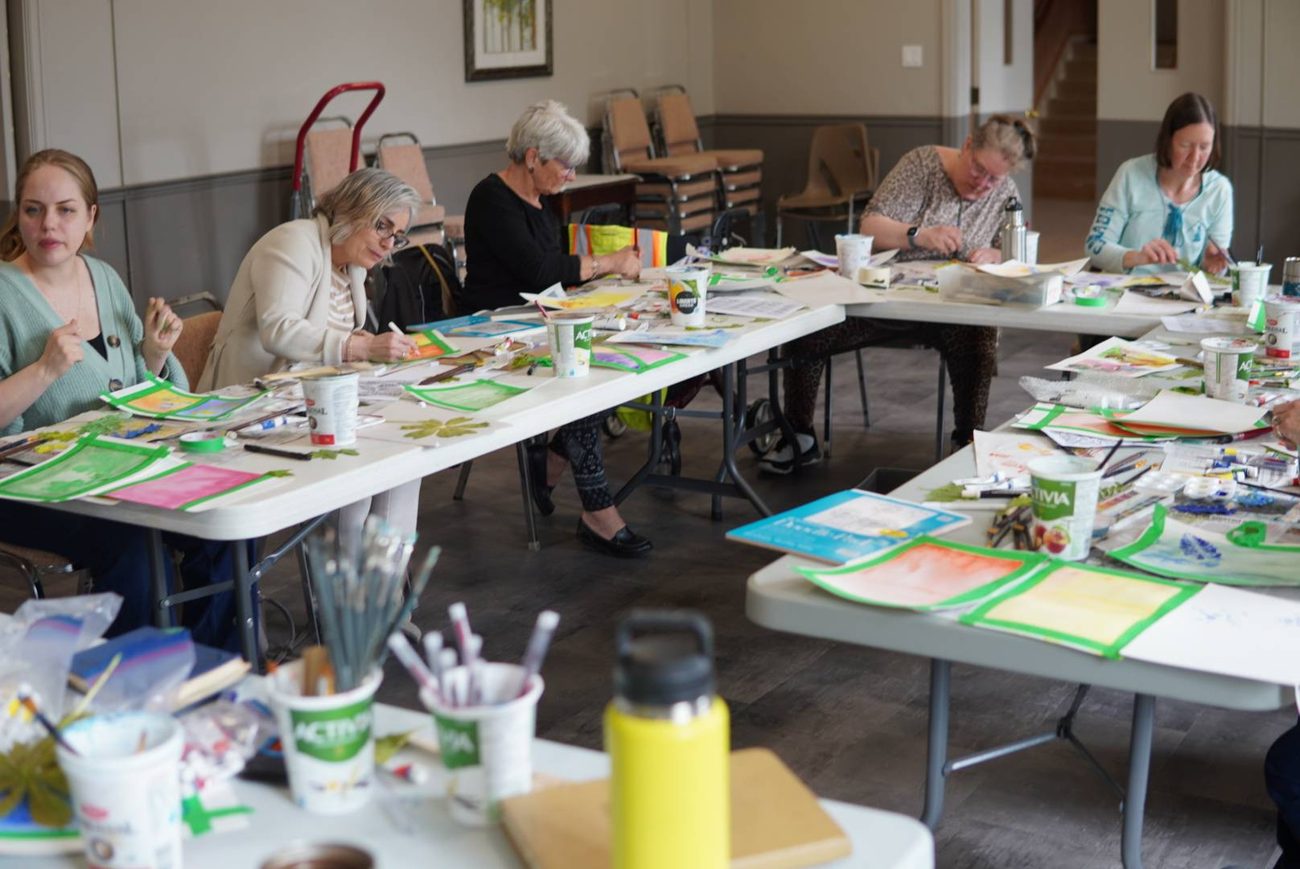 Leaf printing and mixed-media workshop in progress