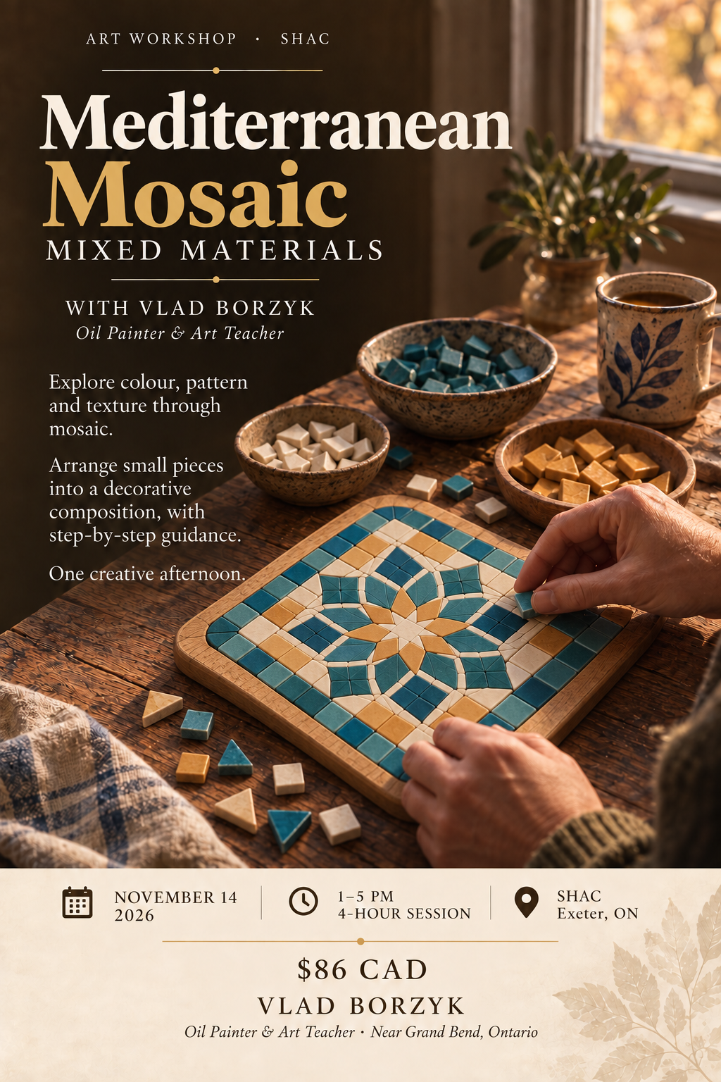 Mosaic workshop poster: a geometric tile in turquoise and cream