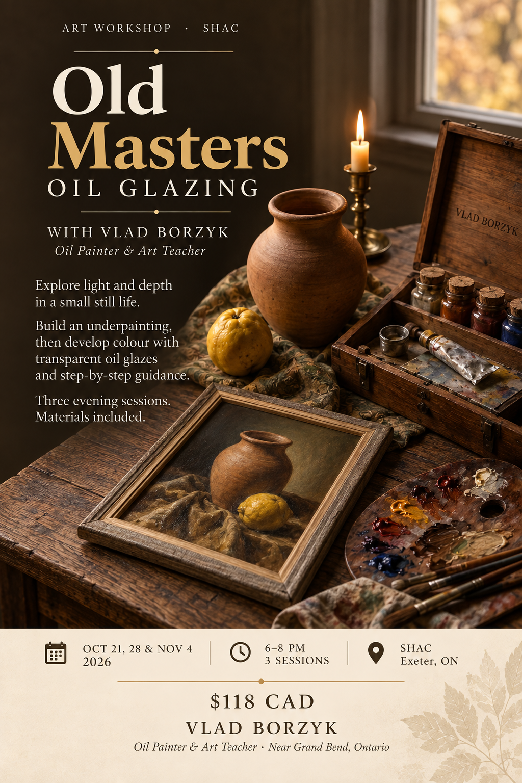 Old Masters oil workshop poster: still life with a clay jug, candle and painting materials