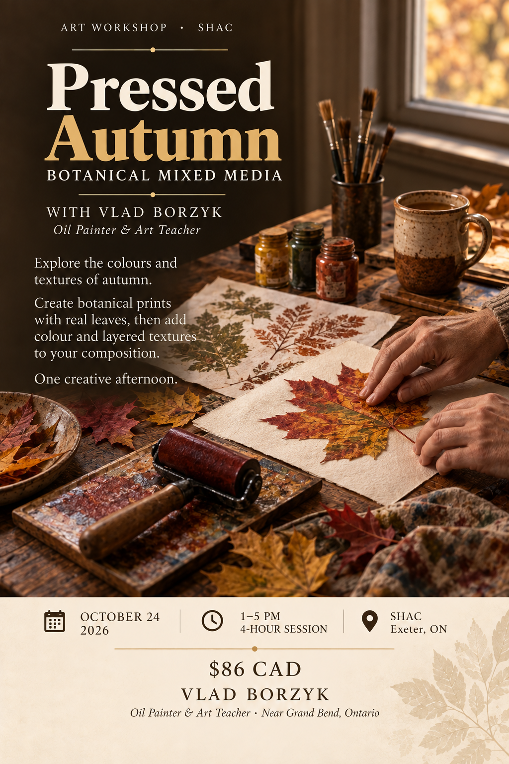 Pressed Autumn workshop poster: botanical printing with autumn leaves