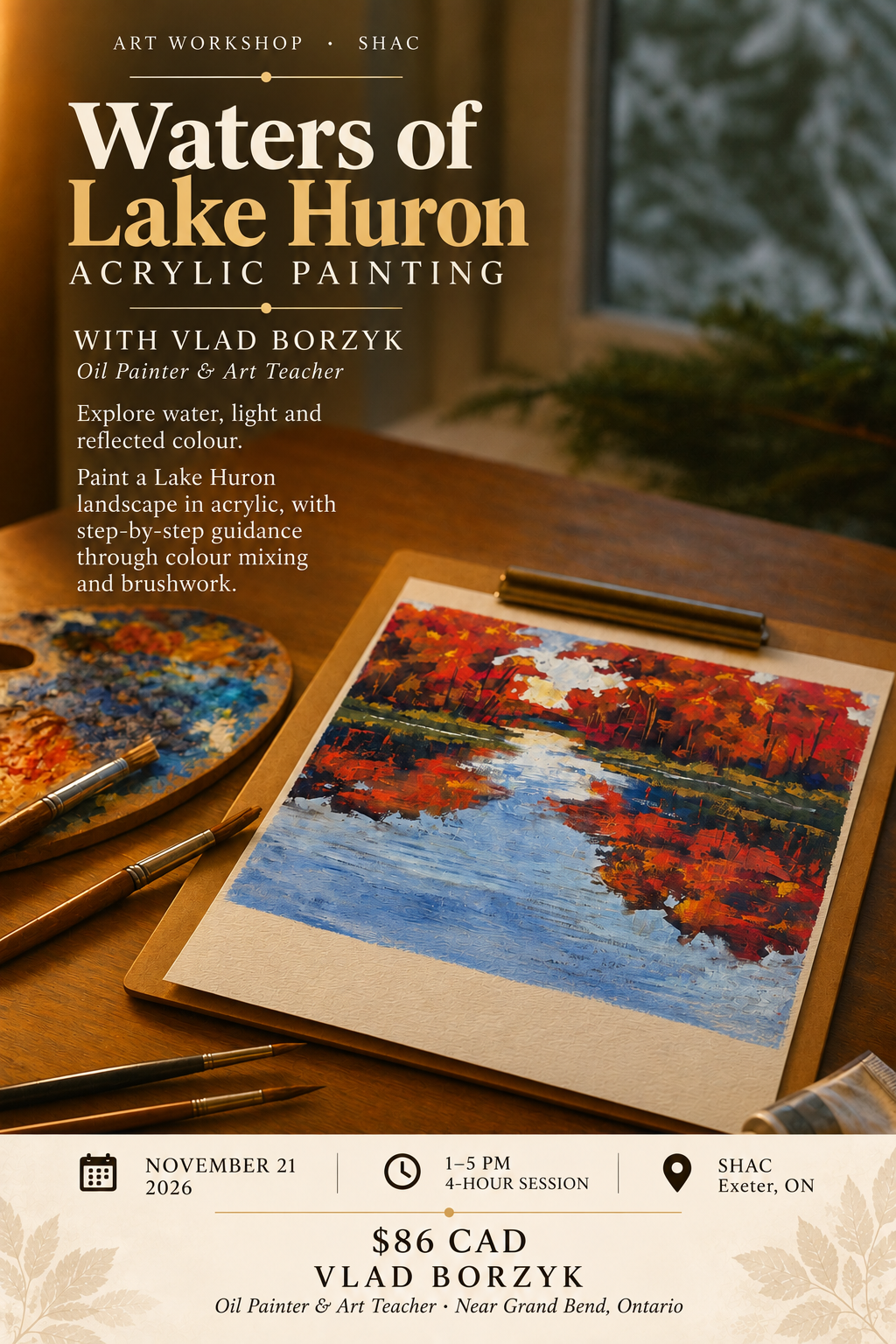 Lake Huron painting workshop poster: reflections and autumn colour