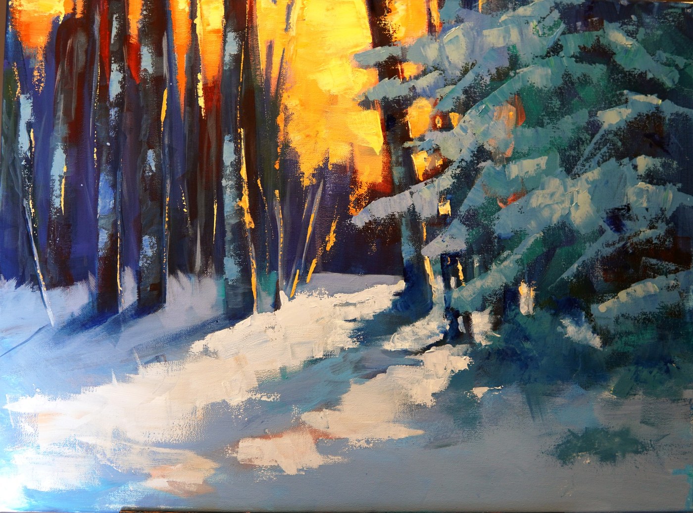 Winter Forest — acrylic on canvas, 18 × 24 inches, snowy forest in golden light