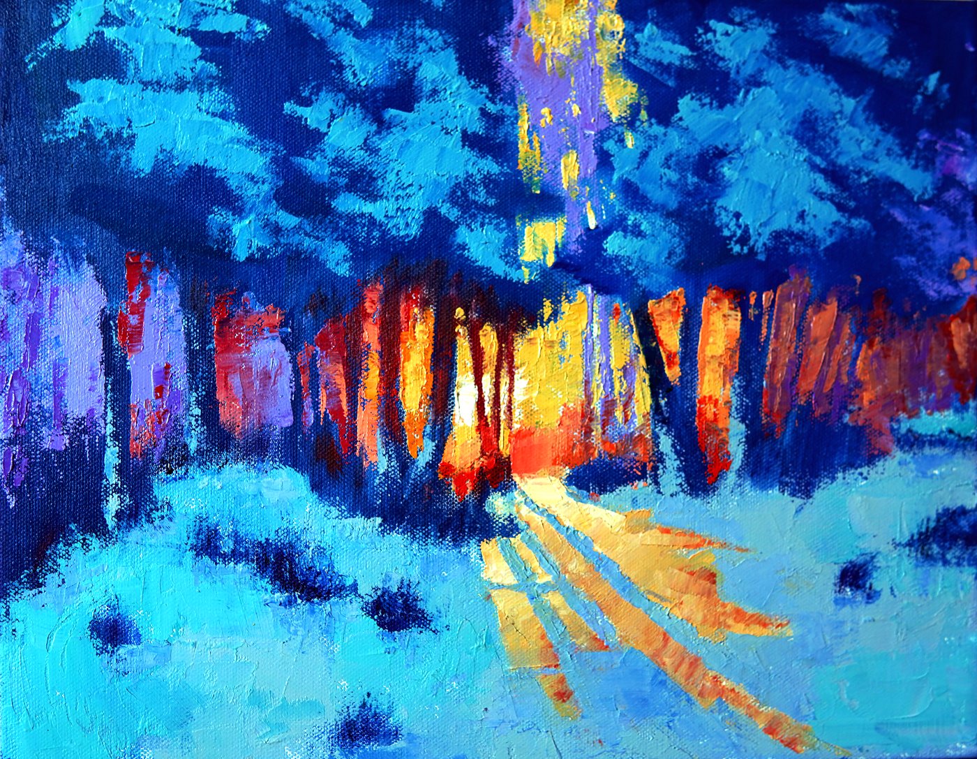Winter Path — oil on canvas, 11 × 14 inches, snowy trail with warm light through the trees